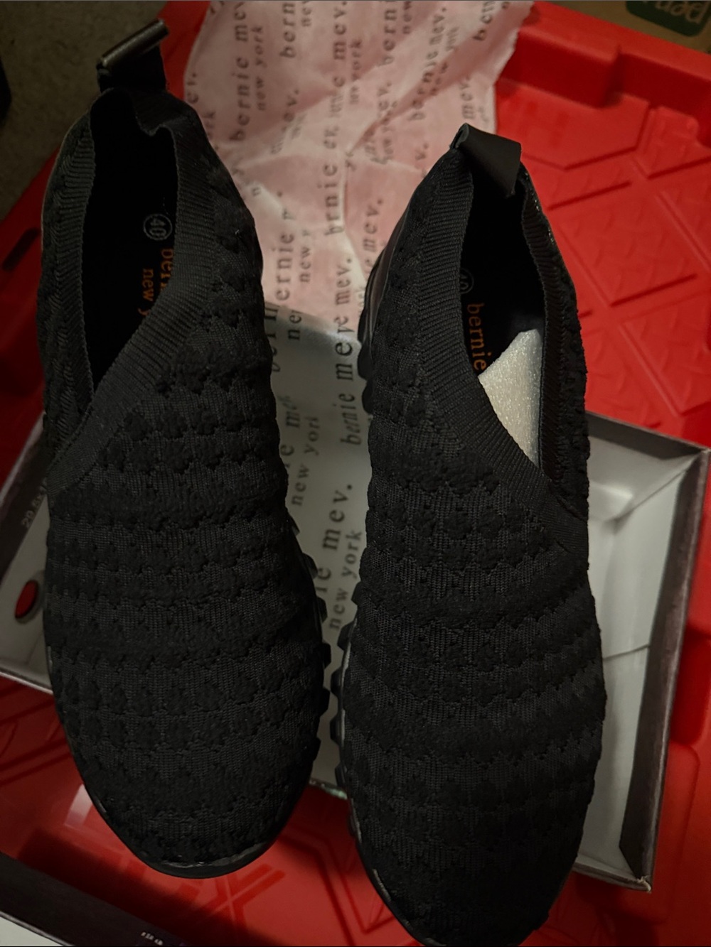 bernie mev. Black Knit Slip-On Sneakers — Textured Waffle Design